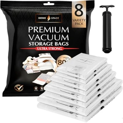 Image of GENIE Space Vacuum Storage Bags Variety Pack of 8 2 Extra Large, Medium &amp; Small Premium Strong, Airtight Reusable Saving for Clothes Towels Includes Travel Pump