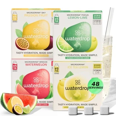Image of waterdrop® Microdrink Tropical Set Water Flavouring Hydration Tablet Natural Fruit Mix Vitamin C Sugar Free Lemon Passionfruit Watermelon Lime 48 Drinks