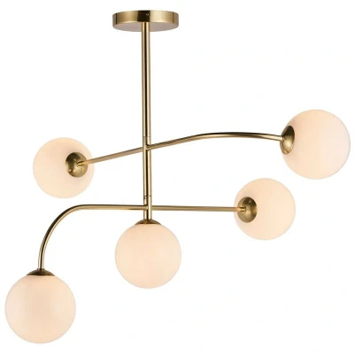 Image of Otto Semi Flush Satin Brushed Gold Effect Plate &amp; Gloss Opal Glass 5 Light Dimmable IP20 G9