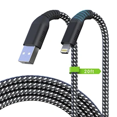 Image of Long iPhone Charger Cable 20FT Lightning 2.4A Fast Charging [Apple MFi] Nylon Braided USB A for 13 12 11 Pro Max Mini XR XS X 8 7 6 Plus SE Pad