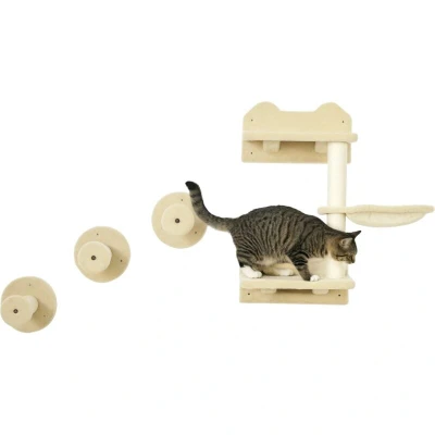 Image of PawHut 4 Piece Cat Shelf Wall Furniture Mounted Tree for Indoor w/Hammock, Steps, Platforms, Scratching Post Beige