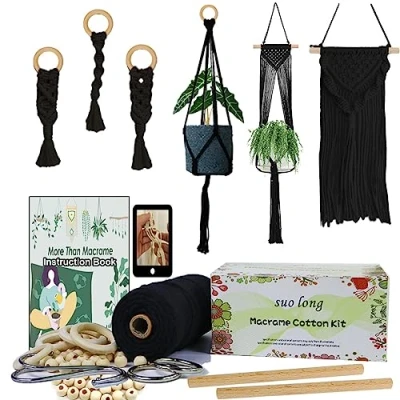 Image of Macrame Sets for Adults kit Making Plant Hangers with Wooden Beads Rings Metal Ring Rope Black 3mm 100M String