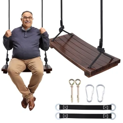 Image of PELLOR Wooden Swing Seat, Carbonized Beech Wood Set Tree Swings for Kids Children Adults Indoor &amp; Outdoor Garden Play