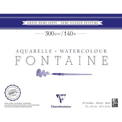 Image of Clairefontaine Ref 96406C Fontaine Semi Hot Pressed Watercolour Glued Pad (25 Sheets) 24 x 30cm Size, 300gsm Paper Suitable for Artwork