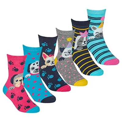 Image of Metzuyan 6 Pairs Kids Girls Cotton Rich Novelty Socks Dogs Designed Blue Size 8.5