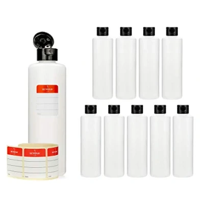 Image of Octopus 10 x 250 ml plastic bottles, HDPE bottles with black flip top cap, empty hinged round incl. labels