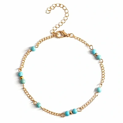 Image of Faruodis Turquoise Anklet Bracelet Boho Beads Minimalist Beaded Beach Foot Chain Adjustable Jewelry for Women (Gold)