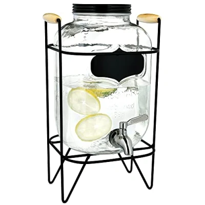 Image of Navaris Drinks Dispenser with Tap and Stand 5L Glass Drink Jar Stainless Steel Metal Wire For Cold Beverages, Ice Water