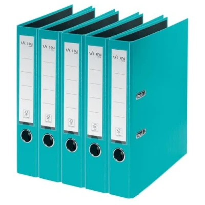 Image of VON Leitz A4 Folder, Pack of 5, Cardboard with Plastic Cover, 50 mm Spine Width, for 350 Sheets, Blue Angel &amp; FSC Certified, School, Study Home, Turquoise, 10561052