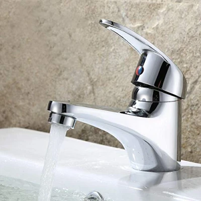 Image of Modern Cloakroom Mini Monobloc Basin Sink Mixer Tap Brass Single Lever Round Chrome Bathroom Taps Faucet with Pop Up Waste &amp; 2 Hoses Free Fixings