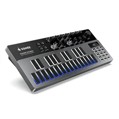 Image of Analog Bass Synthesizer and Sequencer, Donner B1 Controller with 128 Patterns, Saturation &amp; Delay Effects, LED Display MIDI IN/OUT