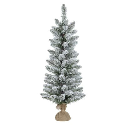 Image of Pencil Christmas Tree Artificial Snow Covered Green Pine Jute Fabric Base 90cm