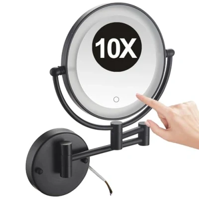 Image of REWIS 8 Inch Hard Wired Wall Mounted LED Lighted Makeup Vanity Mirror with Touch Screen Dimmable, Dual Sided Rotatable 10X Magnifying Cosmetic Beauty Mirror, Bathroom HD Shaving Mirror,Black,1Color