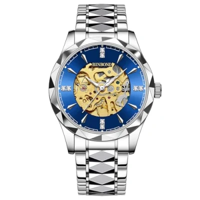 Image of JewelryWe Men Skeleton Wrist Watch: Silver Rhombus Hollow Dial Analog Mechanical Self Winding Waterproof Luminous Hand Luxury Business Engraving Stainless Steel Wristwatch