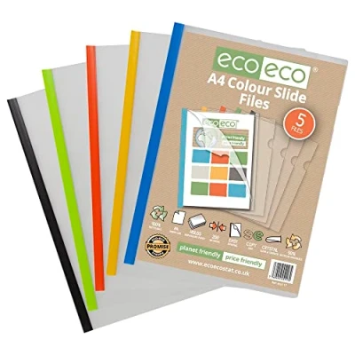 Image of eco A4 50% Recycled Bag 5 Easy Slide Files, Coloured Clip bar Project Report, eco117, Pack of