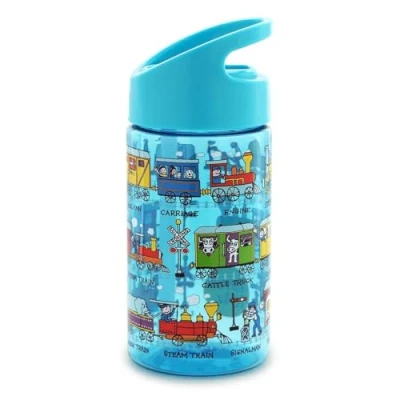 Image of Tyrrell Katz Kids Trains Printed Flip Top Drinking Bottle in Blue with Straw Dishwasher Safe Lightweight Children&#039;s Sports Water Flask 400 ml