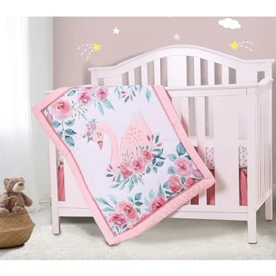 Image of YJM Swan Cot Bedding Set for Baby Girls, Pink Crib Set, 4 Piece Nursery With Quilt/Sheet/Dust ruffle/Blanket,Swan
