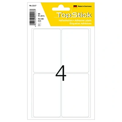 Image of TopStick Multi Purpose Labels, 4 Labels per Sheet, 15 Sheets, 52 x 82 mm, 60 Self Adhesive Large Stickers, Blank Sticky for Office Kitchen Home, White