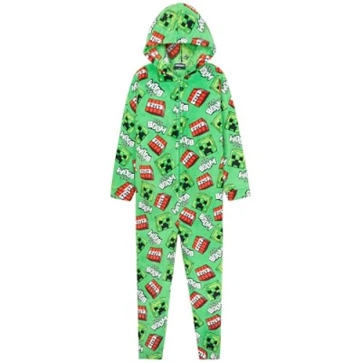 Image of Minecraft Boys Fleece Onesie, Hooded Onesie Pyjamas Gifts for Gamers (Green/Multi, 11 12 Years)