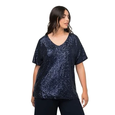 Image of Ulla Popken Women&#039;s Sequin Shirt with Cut Sleeves T, Navy, 28 30