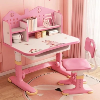 Image of gibxiyza Kids Desk and Chair Set Height Adjustable Children School Study Toddler with Castle Backboard, Widened Desktop, Bookstand Storage Drawer for Boys Girls Pink