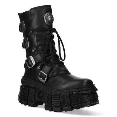 Image of New Rock Unisex Mid Calf Leather Goth Boots WALL373 S5 Black Size EU 46