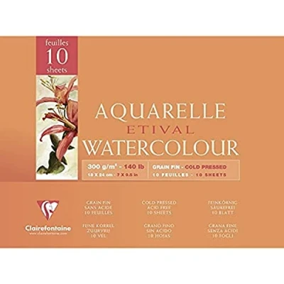 Image of Clairefontaine Ref 96570C Etival Cold Pressed Glued Watercolour Painting &amp; Drawing Pad (10 Sheets of Paper) 18 x 24cm 300gsm Cellulose Art Paper