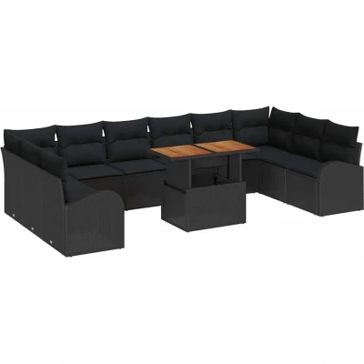 Image of vidaXL 11 Piece Garden Dining Set with Cushions Black Poly Rattan Acacia