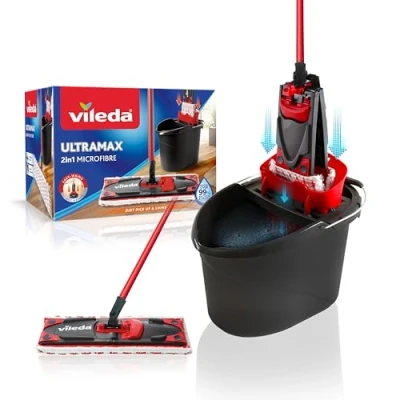 Image of Vileda UltraMax Flat Mop and Bucket Set, Red, 2 Count (Pack of 1)