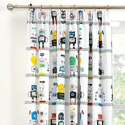Image of Bedlam Robots Kids Pair of Pencil Pleat Curtains 66&quot; Width x 72&quot; Drop (168 183cm) in Blue