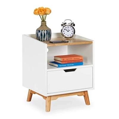Image of Relaxdays Nightstand with Wooden Legs, Scandinavian Design, Drawer, Open Compartment, Bedside Table 50 x 43 40 cm, White