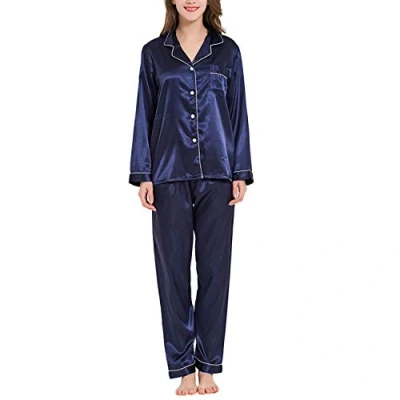 Image of Ladieshow Women Pajamas Satin Ladies Pj Set Long Sleeve Sleepwear Two Piece Navy