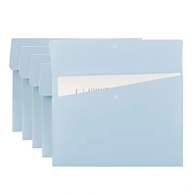Image of VANRA Poly File Folders Letter Size Jackets Organizer Plastic Envelope A4 Flat Document Holder with Snap Button Closure (Pastel Blue, Pack of 5)