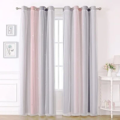 Image of KAHEAUM Curtains for Living Room Kids Nursery Blackout Bedroom Eyelet, 2 Panel 52 x 84 inch Drop Thermal Winter,White Voile Net Windows Pink Grey