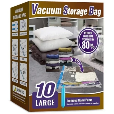 Image of Oumaru Vacuum Storage Bags for Clothes, 10 Pack Bags, Space Saver Duvets and Pillows, Hand Pump Included (Large)
