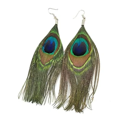 Image of Green &amp; Blue Peacock Feather Large Drop Earrings AJ22252