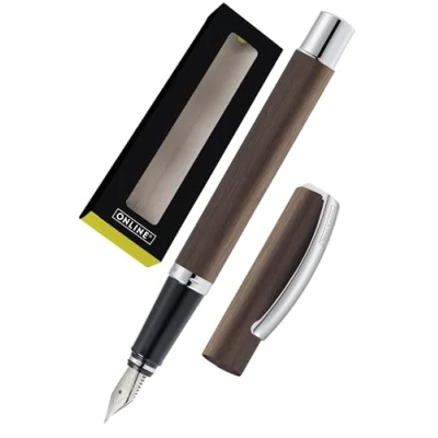 Image of Online Fountain Pen Vision Brown from with Clear Design matt Brushed Aluminum Iridium Nib M (medium) Suitable for Standard Ink cartridges and converters in Gift Box