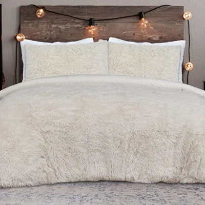 Image of Sleepdown Shaggy Faux Fur Fleece Cream Reversible Duvet Cover Quilt Bedding Set with Pillowcases Thermal Warm Cosy Super Soft Easy Care Bed Linen Double (200cm x 200cm)