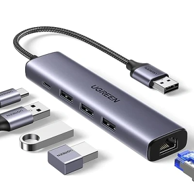Image of UGREEN USB Hub Ethernet, 5 in 1 Gigabit 3.0 Network Adapter with an RJ45 LAN Internet Port &amp; 3 5Gbps Ports a Type C Power Supply for Macbook, iMac, Surface, Notebook, Drives, Mobile HDD