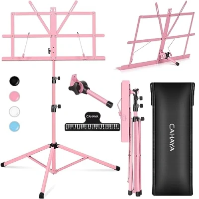Image of CAHAYA Foldable Metal Music Stand Stable Lightweight Portable Adjustable &amp; Table 2 in 1 Dual Use with Carry Bag Pink CY0204