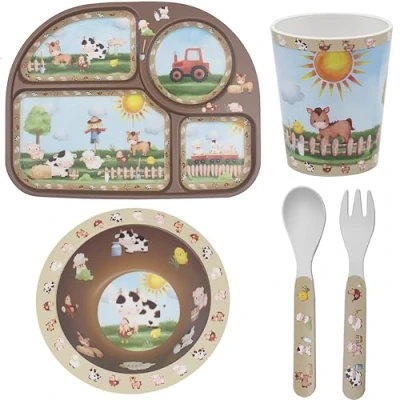 Image of Lesser &amp; Pavey Rpet Eating Farm Set for Kitchen All in One Plates and Bowls with Spoon Fork Printed Dinner Home BPA Free Healthy Material Kids Adults