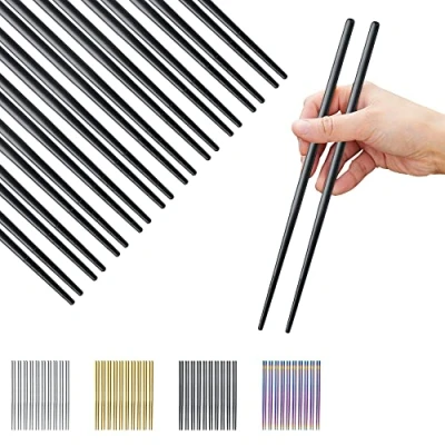 Image of Evanda Black Chopsticks 10 Pair Reusable Chop Sticks Metal Chopsticks, Stainless Steel Titanium Plating Chopstick Easy Clean Dishwasher Safe