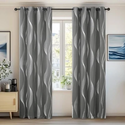 Image of Deconovo Blackout Curtains Grey Silver Wave Line Foil Printed Thermal Insulated Eyelet for Baby Nursery 46 x 90 Inch 2 Panels