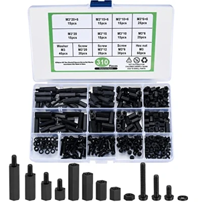 Image of 310 Pcs M3 Male Female Nylon Hex Standoff Spacer, Screw Nut Threaded Pillar Screws Spacers Washers Assorted Assortment Kit, for PCB Board Motherboard DIY Use Black