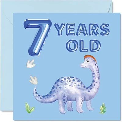 Image of 7th Birthday Card Dinosaur &amp; Balloons Happy 7 Year Old Boy, Boys Cards for Him, 145mm x Greeting Son Nephew Grandson Kid Children