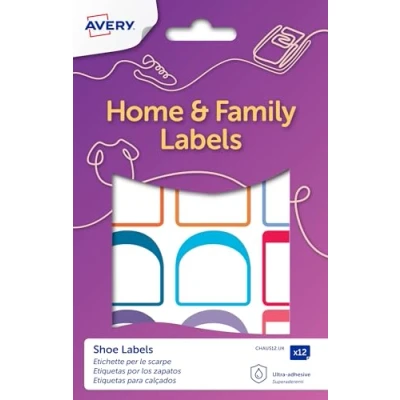 Image of Avery Shoes Labels, Name Stick on School 24 Labels Per Pack (2 Sizes in The Pack: 30x30 mm, 15x30 mm), White with Bold Coloured Edges