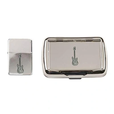 Image of Guitar Polished Chrome Tobacco tin and stormproof Petrol Lighter