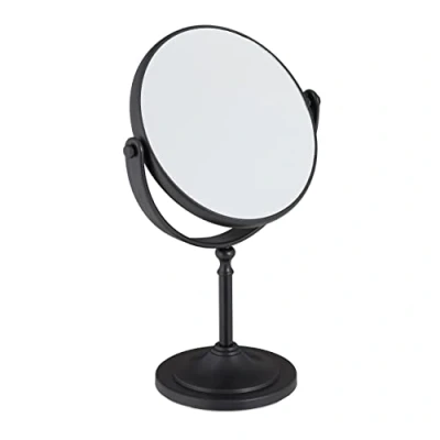 Image of Relaxdays Makeup Mirror, 2x Magnification, Double Sided, Swivels 360, Round, Standing, HxWxD: 27.5x18x10.5 cm, Black, 60% plastic 30% glass 10% iron
