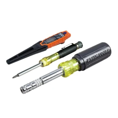 Image of Klein Tools 32596 Multi Bit Screwdriver/Nut Driver, Magnetic 8 in 1 HVAC Slide Drive Tool with Hex, Phillips, Schrader Bits, Nut Drivers