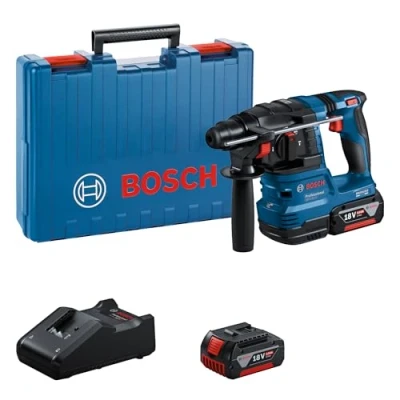 Image of Bosch Professional 18V System Cordless Rotary Hammer GBH 22 (with SDS Plus, Ideal for Drilling 6 mm to 10 Holes, incl. 2X 4.0 Ah Batteries, Charger GAL 40, in Carrying Case)